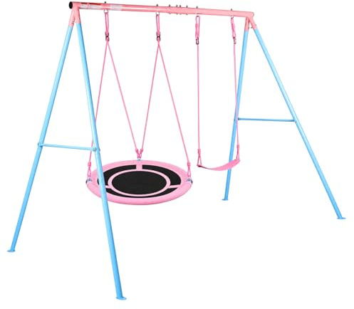 HLC Doppelschaukel mit Sitz, Metall Schaukelgestell für Nest- und Kinderschaukel, für Garten, Hof und Outdoor-Nutzung. (Hellblau/Pink)