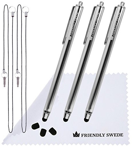 The Friendly Swede Eingabestift Touchstift Stylus Stift (3er-Set) für Tablett und Handy, mit dünnerer Spitze, Ersatzspitzen, Anhängern und Reinigungstuch (Silber)