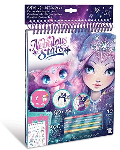 Kreatives Skizzenbuch Nebulia, mit Skizzen, Motivschablonen, Aufklebern und Buntstiften, für Mädchen ab 7 Jahre, als Geschenkidee