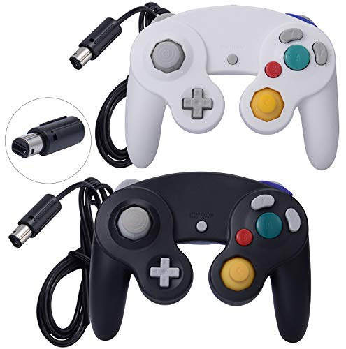 ONE250 Lot de 2 manettes filaires Classic Shock Joypad, compatibles avec Wii NGC Gamecube Game Cube (noir et blanc)