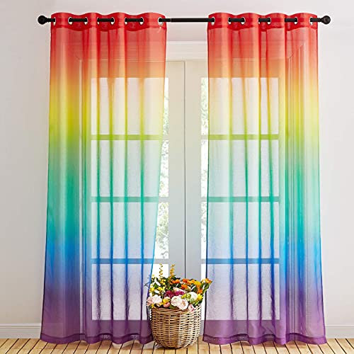 NICETOWN 2 Stücke Kinderzimmer Gardinen Farbverlauf H 245 x B 140 cm Regenbogen Vorhänge für Dekoschals Halbtransparente Voile mit Ösen Dekoration Curtains