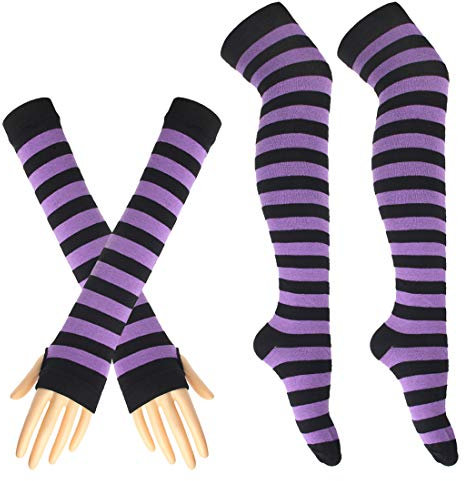 ECOSCO Womens Rainbow Stripe Knee Thigh High Socks Arm Warmer Fingerless Gloves (Light purple)