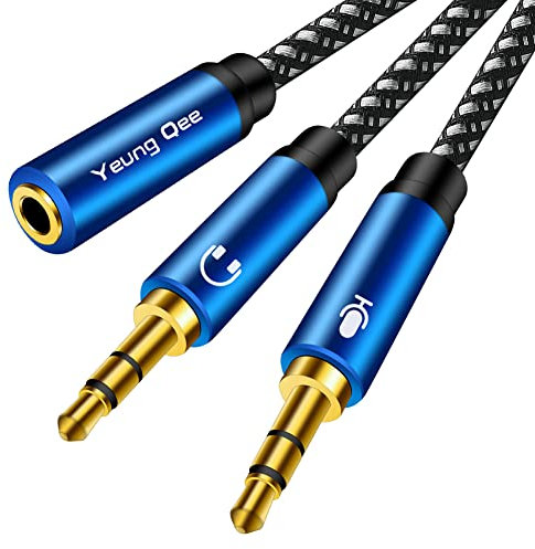 Yeung Qee Headphone Mic Splitter CTIA Standard 3.5mm Female to 2 Dual 3.5mm Jack Male Microphone Audio Y Splitter Adapter Cable Compatible with PC,Laptop Desktop,Gaming Headset, Speaker (1m,blue)