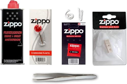 Zippo ReLife Set's inkl. Sunmando Pinzette zum Wechsel der Watte BZW. des Dochtes: 1x Zippo Benzin, 1x Zippo Docht, 6X Zippo Feuerstein, 1x Zippo Watte (Zippo Set 2)