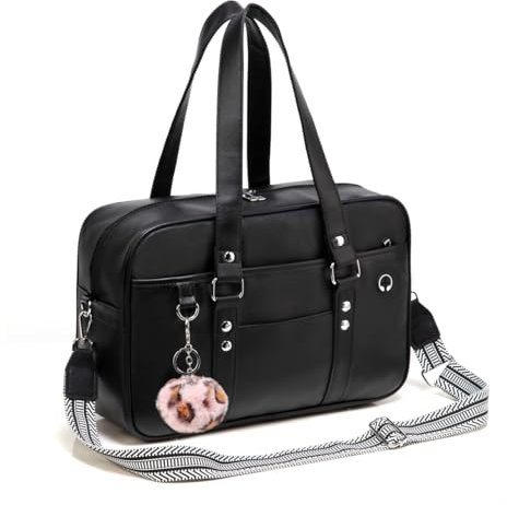 Chillpaper Große japanische Schul-Umhängetasche, Kunstleder-Tragetasche, Kuriertasche, Umhängetasche mit rosa Pompon-Streifen, A3 Big Size, schwarz, Large, Japanische Kuriertasche, Tragetasche,
