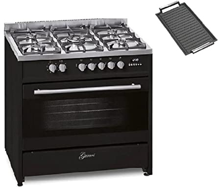 GURARI Gasherd mit Elektrobackofen GCH E 911 BL Schwarz Gas Standherd 90 cm Inkl.WOK Adapter+Grillplatte | Range Coocker 5 Kochzonen | Freistehender Gasherd Propangas/Erdgas | Elektro Backofen 121 L