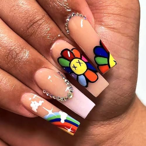 Brishow Coffin False Nails Sun Flower Rhinestone Press on Nails Long Fake Nails Rainbow Stick on Nails 24pcs for Women and Girls
