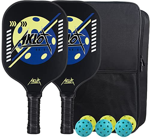 Pickleball Paddles,AKLOT Juego de Palas de Pickleball 2 Raquetas de Fibra de Carbono para Mujeres y Hombres para Jugar en Interior o Exterior con 6 Pelotas,Bolsa de Transporte