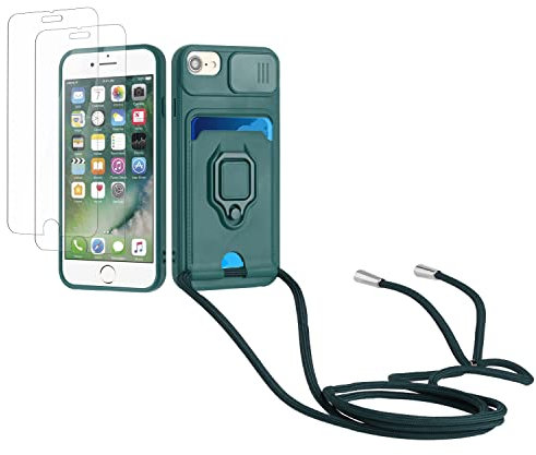 Kaslly Funda con Cuerda para iPhone 6/6S/7/8/SE 2020+[2 Pack Protector Pantalla],Case con Ranura para Tarjetas,Cubierta de Cámara Deslizante Proteger,Doble Cara Protección Cover-Verde Oscuro