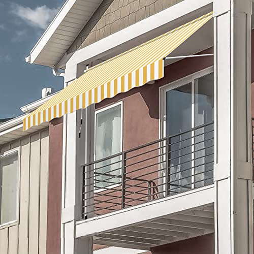 Yakimz Klemmmarkise mit Handkurbel, 300 x 120 cm Markise Balkon aus Polyester UV-beständig & höhenverstellbar,Sonnenschutz wasserdicht, ohne Bohren Gelb Weiß