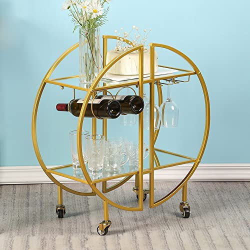 KaKaBB Barwagen Gold, 2-stöckiger mobiler Weinwagen, runder Barwagen mit 2 verspiegelten Regalen, Glashaltern und Weinregal, Mini-Barwagen für Zuhause, Küche, Esszimmer