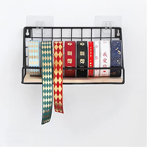 Wandbandhalter-Organizer for Bastelzimmer, Satinband-Aufbewahrungsregal, Metallgitter-Ausstellungsregal mit Holzplatte, for Blumen-/Konditorei-Holding-Papierrollen ( Color : Black , Size : 9.84x3.94x5