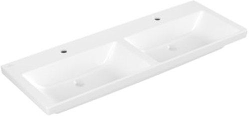 Villeroy & Boch Subway 3.0 Schrank-Doppelwaschtisch, 1300 x 470 mm, 2 Hahnlöcher, ohne Überlauf, ungeschliffen, 4A71D1, Farbe: weiß-alpin