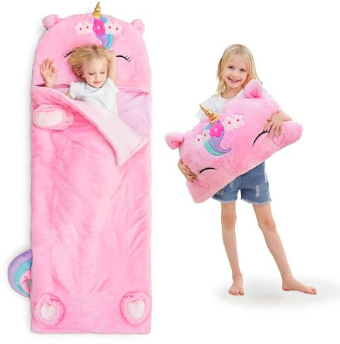 iPlay, iLearn Kinder-Schlafsack, Einhorn-Schlafsack, Kleinkind-Mädchen, Plüsch-Schlafsack, 2-in-1 rosa Kissen für Kindertagesstätte, Vorschule, Kindergarten, drinnen und draußen, Winter, Reisen,