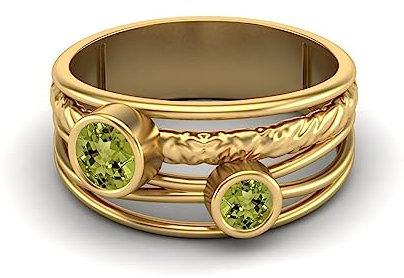 0,35 Ctw-Runde Peridot Ring mit geteiltem Schaft Gehämmert Handgefertigt Geteiltes Band 925er Sterling Silber Doppelsteinring Gold Vermeil, 49