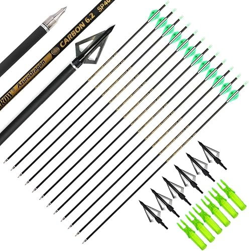 AMEYXGS 30 Reine Carbonpfeile Jagdpfeile 12Pcs - mit 100 Grain Spitzen, 2 Zoll Gummi Pfeilfedern fur Compound & Recurve Bogen Outdoor Jagd‌ mit Zubehörtasche‌