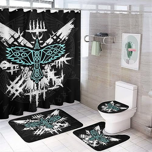 COALHO Norse Vikings Badezimmer-Deko-Set, abstrakte Mythologie, mystisches Symbol, Duschvorhang, mit Teppich, 12 Haken, 183 x 183 cm, 4-teilig