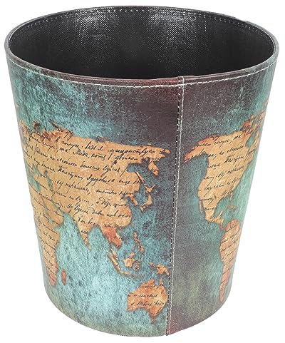 Holibanna PU Leather Trash Can, Retro Waste Toilet Paper Bin Basket British Style Trash Bin Leather Trash Can for Bathroom Bedroom Office Blue World Map