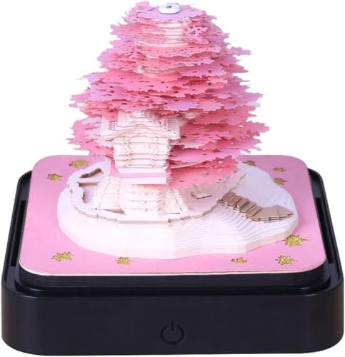 3D-Kalender 2024 – Notizblock, epische Skulptur mit Lichtern, Rip Away Time Piece, Baumhaus Sakura Tempel, Artimemo Memoscape Eco Pendler, Zeitmesser, Block Artopad Art Diy Sticky Craft Schreibtisch,