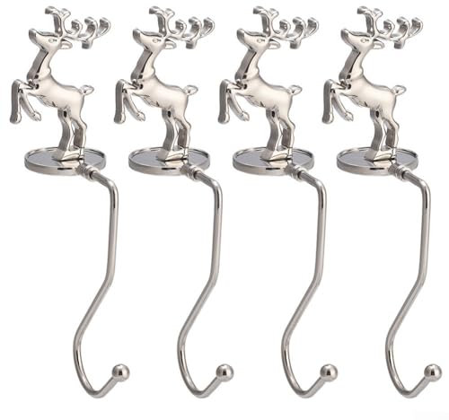 4 Stück Weihnachtsstrumpfhalter Kaminhaken Aufhänger Weihnachtsstrumpf-Clips Schneeflocke, Weihnachtsbaum, Rentier und Schneemann Metallgriff Clips für Weihnachtsstrümpfe (Hirsch)