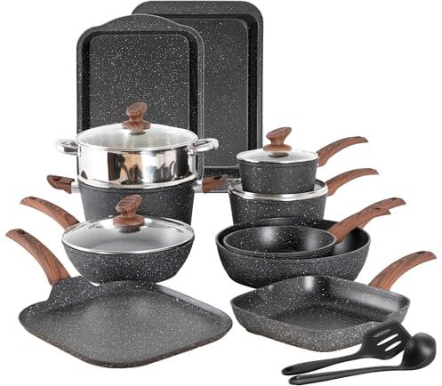 Kitchen Academy - Batería de cocina de inducción con tapas de cristal y revestimiento de granito, incluye sartenes y ollas (negro)