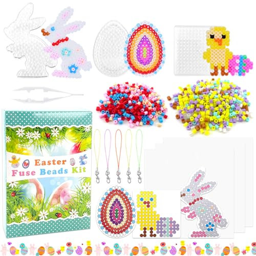 Lets Joy Bügelperlen Set Ostern, Bügelperlen Platten Set, Bügelperlen Vorlagen Ostern, Bügelperlen Ostereier, Kaninchen, Osterküken mit Muster Karten, Pegboards, Bügelpapier Ostern Geschenke