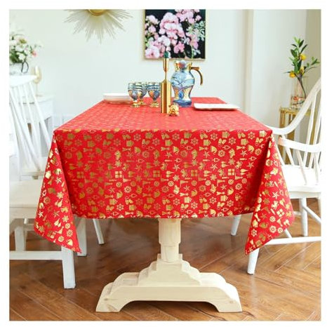 Tischdecke Modern Küche, Tischdecken 140x140CM Leinen Tischdecken Waschbar Weihnachts Thema Geschenke Tischdecke für Wohnzimmertisch, Rot Gold