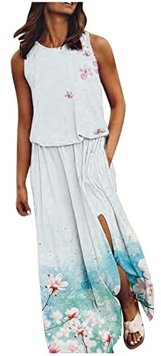 Vestito Svasato Donna - Abito Estivo da Donna Senza Maniche Girocollo Maxi Abiti Tinta Unita con Apertura A Forchetta Vestito da Giorno