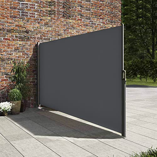 Zlinke Seitenmarkise mit Stahl-Kasten, rostbeständig, ausziehbar, 167 x 350 cm, Sichtschutz, Sonnenschutz, Blickdicht, Seitenrollo, für Balkon, Terrasse, Garten (Grau)