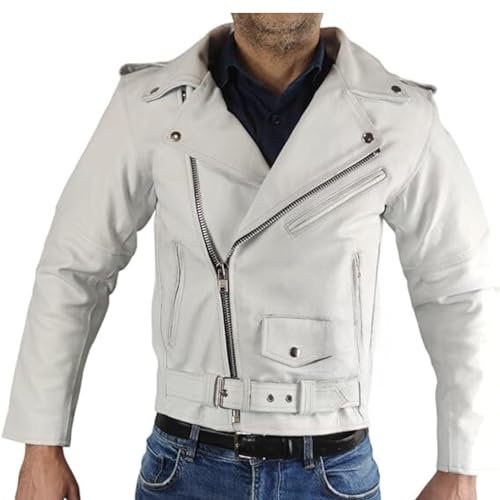 Giacca modello Chiodo di pelle Bianco in stile Moto Custom Vintage con Protezioni Removibili omologate C.E. (XL)