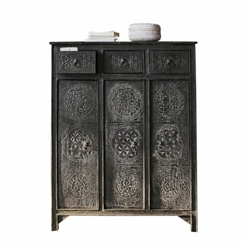 Loberon Kommode Dakota, antikschwarz | Handgeschnitzte Ornamente, viel Stauraum Durch Geräumige Fächer & Schubladen, Aufbewahrung, Kommodenschrank, Mangoholz