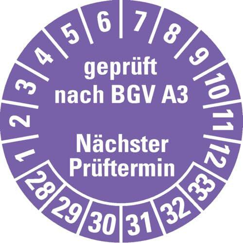Dreifke® Prüfplakette geprüft BGV A3 Nä.Prüftermin 28-33, violett, Dokufolie, Ø30mm, 18 Stk.