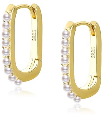 ALEXCRAFT 14K Perlen Ohrringe Gold Creolen Eckig Klein Goldene Ohrringe Damen Geschenk für Frauen Freundin Mama Mädchen