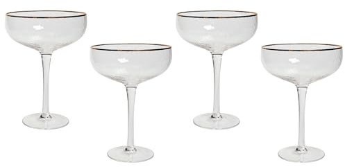 Set of 4 Champagne Saucers Coupes Hand-Blown 45 cl 16 oz Gold-Rimmed Topaz