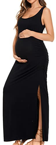 Smallshow Robe de maternité longue fendue sans manches pour femme, Noir , S