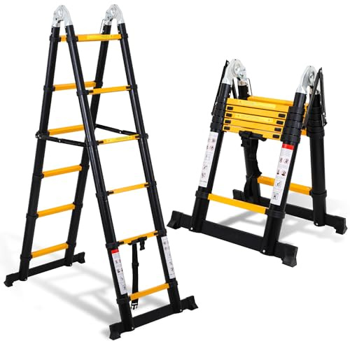 Yakimz Scala telescopica in alluminio, 3,8 m (1,9 m + 1,9 m), scala pieghevole con stabilizzatori, telescopio estensibile, scala in alluminio antiscivolo, portata di 150 kg, colore: nero/giallo