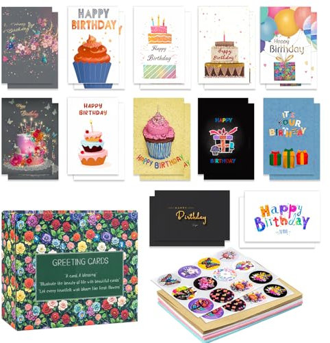 24 Geburtstagskarten Set, 24 Umschläge, 24 Sticker, Geschenkbox, 6 Designs, Partydekoration, bunte Torten, Geschenkschachteln, Luftballons, Geburtstagswünsche für Familie, Freunde, Kollegen