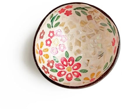 Hiseng Hand Painted Natural Coconut Bowl, Classic Prints Decorative Bowl, Key Bowl for Hallways, Storage Bowl for Jewellery, Nuts, Candy (Saffron, 500 milliliters, 13.5cm x 6cm)