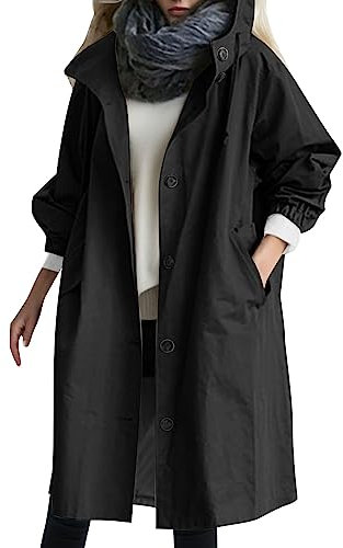 RUITOTP Veste de pluie légère et longue pour femme Trench à boutons de couleur unie avec capuche Coupe-vent à coupe ample Imperméable décontracté avec poches Grandes tailles S à S-5XL