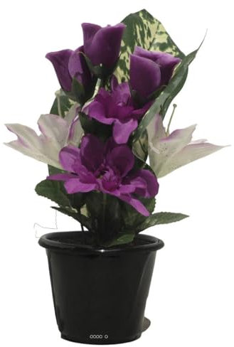Artificielles.com - Pot pour la Tombe de Dahlias, Lys tigrés et Boutons de Rose artificiels Pourpre - couleur: Pourpre