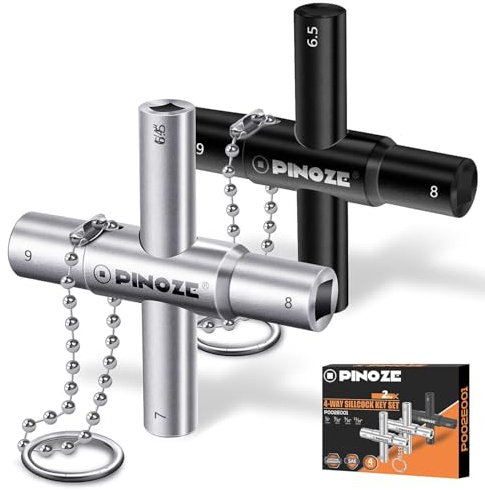 Pinoze 4 Way Sillcock Water Key, 6.5/7/8/9 mm, 2-Pack Steel Multi-Function Utility Key with Keychain for Sillcocks Faucets Valves Spigots, Silver & Black