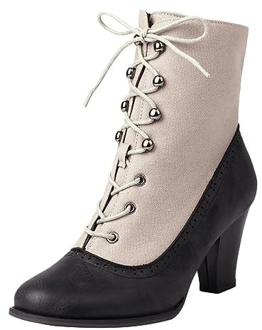 NaLatia Viktorianische Stiefel für Damen Vintage Stiefel Renaissance Knöchel Stiefel Chunky Low Absatz Lace Up Hexen Stiefel Ritter Stiefel Stiefel
