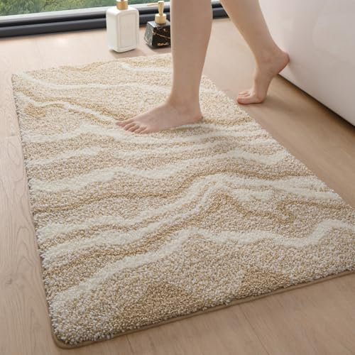 DEXI Badezimmerteppich 61 x 110 cm, Badvorleger rutschfest waschbar, Badematte Mikrofaser Saugfähig, weicher Badematten & Badteppiche für Dusche, Badezimmer, Waschküche, Beige