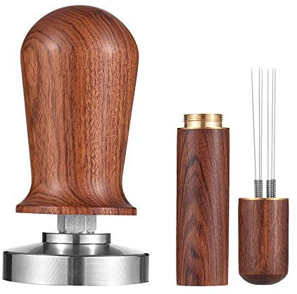 Irishom 58-mm-Espresso-Tamper- und Rührset, kalibrierter Kaffee-Tamper mit gefedertem Körper aus Aluminiumlegierung, Flacher Boden aus Edelstahl 304, Barista-Presse mit Holzgriff für 58-mm-Siebträger