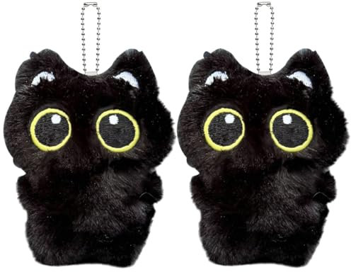 AUEFUDQ 2 Stk Gefüllter Katzen-Plüsch-Schlüsselanhänger, schwarze Katze Plüsch - Schwarze Katze Plüsch-Cartoon-Plüsch-Schlüsselanhänger,Schwarze Katze Stofftier Plüsch Schlüsselzubehör