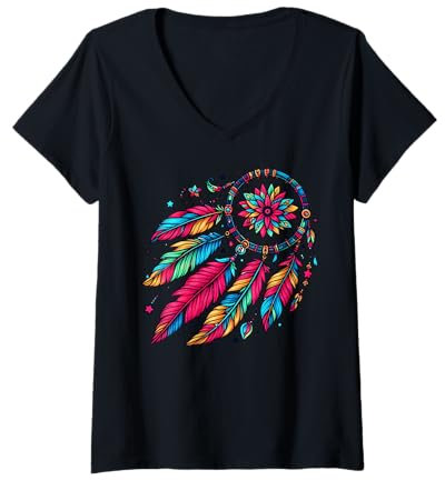 Damen DreamCatcher Feder Indianer Bohemian Traumfänger T-Shirt mit V-Ausschnitt