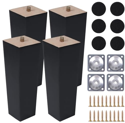 COEWUR 4 Stück Möbelfüße Holz 25cm Schwarz Möbelbeine Eiche Massiv Eckig Holz Tischbeine mit Montageplatten Schrauben und Filzgleiter für Sofa Bett Schrank Couch Kommode Stuhl