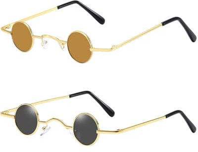 LEEQ 2PCS Vintage Sonnenbrille mit Rundem Metall Rahmen Retro Brille mit Kleinem Kreis Hippie Ovale Sonnenbrille für Männer Frauen, für Geburtstagsfeier, Fasching, Karneval, Malle
