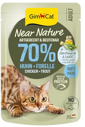 GimCat Near Nature Huhn & Forelle - Getreidefreies Nassfutter für Katzen ab dem 7. Monat mit artgerechter und beutenaher Rezeptur - 16 Beutel (16 x 85 g)