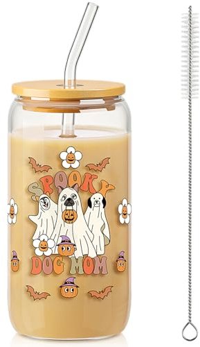 Honeydak Halloween Dog Ghost Glass Cup with Bamboo Lid Straw and Brush 16 oz Funny Spooky Iced Coffee Cup Gift Bats Tumbler Fall Mug for Women Cute Halloween Birthday Family Party Decoration